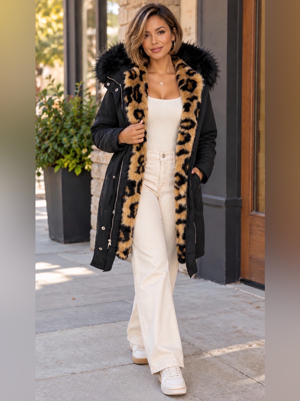 Express Black Leopard Faux-Fur Lined Hooded Parka Jacket